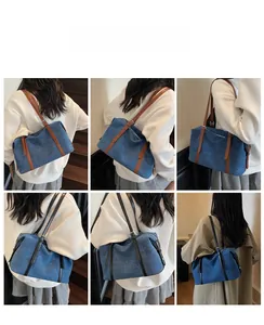 Multiple views of a denim shoulder bag with leather straps worn by a model on stairs