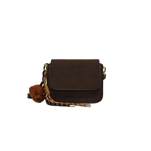 Minimalist square crossbody bag in brown suede with decorative plush bear pendant