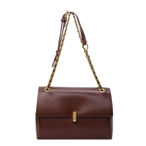 Retro brown leather crossbody bag with gold chain strap and metallic buckle on white background