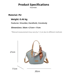 Detail showing bag dimensions 30x21x11cm with blue PU texture and decorative scarf