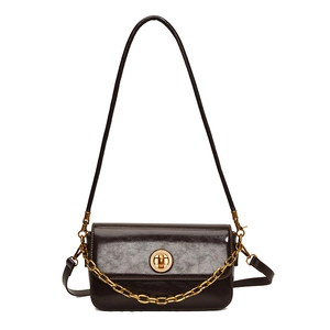 Retro brown oil wax leather shoulder bag with gold chain and circular swivel lock closure