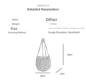 Silberne Pailletten-Beuteltasche mit Maßen 18x18x6cm und Details zum Gewicht der Tasche