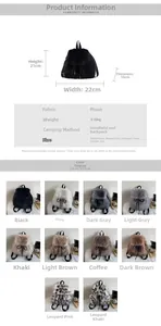 Furry plush backpack dimensions shown: 22x21x10cm, lightweight material with various colors