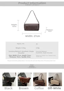 Detail view of a vintage brown PU leather shoulder bag featuring silver metal rivets