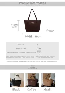 Detailed size specifications and color options for the stylish large capacity tote bag