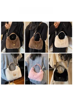 Collage showing plush faux fur crescent bags in brown, beige, pink, and black colors