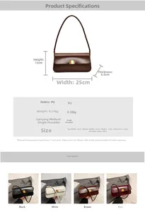 Close-up of stylish PU leather baguette bag in four colors with dimensions and gold buckle