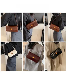 Collage of chic baguette bags worn by model in brown, cream, burgundy, and black colors