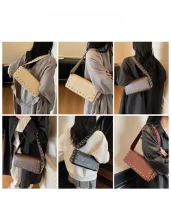 Collage of four rectangular rivet shoulder bags in beige, brown, tan, and black leather