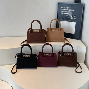 Vintage Frosted Suede Leather Handbag Women Minimalist Crossbody Bag With Gold Lock Round Handle Niche Shoulder Bag