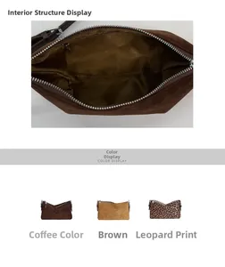 Détails de la structure interne et trois coloris disponibles du sac à main léopard