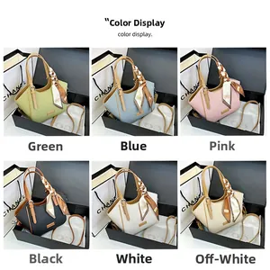 Color options of the leather handbag with silk scarf detail and adjustable strap
