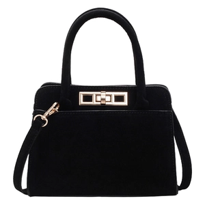 Matte black structured handbag with gold lock and detachable strap in a retro style