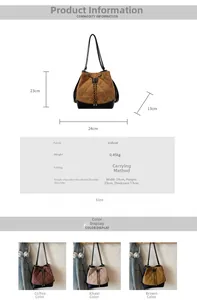 Detail view of quilted velvet bucket bag showing dimensions and adjustable straps