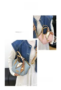 Detail of pink and blue woven handbags with silk scarf handles and adjustable straps