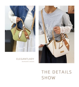 Close-up of woven tote bags with leather trim and decorative silk scarves in two colors