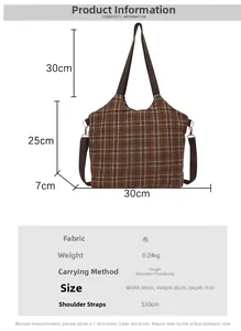 Detailed size chart for retro plaid tote bag with shoulder and crossbody dimensions