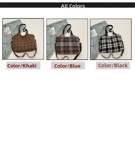 Detailed comparison of three plaid tote bags in khaki, blue, and black with crossbody straps