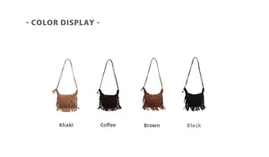 Présentation des sacs à franges vintage en kaki, café, marron et noir