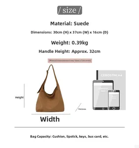 Size chart showing large leopard suede shoulder bag dimensions with A4 and iPad comparison
