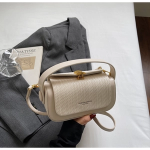 Detailed view of cream leather box bag with woven texture and gold fan-shaped clasp