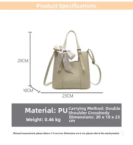Beige PU leather handbag dimensions 20x10x23cm with plaid ribbon and size chart info