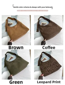 Detail of suede hobo bags in brown, coffee, green, and leopard print options