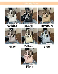 Detail showing seven color variants of bucket bags with decorative silk scarves and ribbon bow