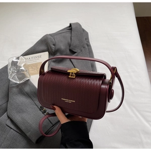 Macro shot of burgundy leather box bag featuring woven texture flap and gold logo detail