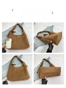 Detailed multi-angle views of large brown suede hobo bag with wide shoulder strap