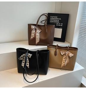 Detailed set of tote bags in black, brown and khaki featuring houndstooth silk scarves