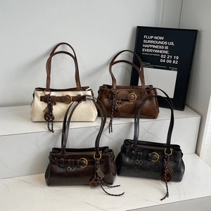 Retro PU Leather Underarm Boston Bag Simple Solid Color Shoulder Handbag With Metal Ring Buckle Niche Design For Women