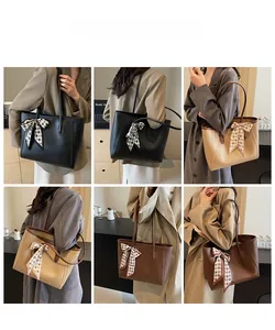 Three-color minimalist tote bag set with houndstooth ribbon detail on shoulder strap