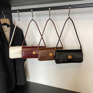 Vintage PU Leather Baguette Bag Women Minimalist Underarm Shoulder Purse With Gold Buckle Lock Retro Commuter Handbag
