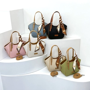 Women Weave Texture Handbag Chic Niche Design Contrast Color PU Leather Shoulder Bag With Decorative Scarf Fashion