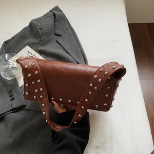 Retro dark brown rivet shoulder bag with glossy faux leather and silver studs