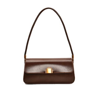 Minimalist deep brown leather baguette bag with a gold buckle on a white background