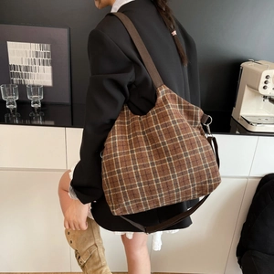 Classic brown plaid tote bag for women with adjustable shoulder strap and large capacity