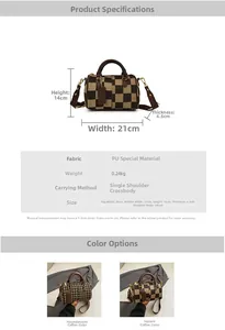 Detailed view of PU cylinder bag with houndstooth and checkered patterns and dimensions