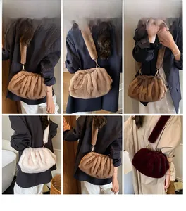 Detail view of plush faux fur crossbody bags in beige, white and dark burgundy colors
