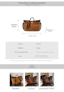 Size specifications for quilted suede tote bag with brown and leopard options