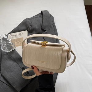 Vintage cream box bag with woven texture lid and golden shell clasp on a grey blazer