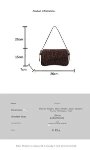 Size chart showing leopard print polyester shoulder bag with 26x15x7cm dimensions