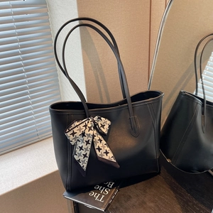 Classic black leather tote bag with houndstooth scarf detail for women office use