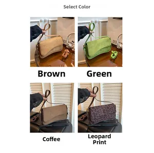 Detailed grid view of stylish matte suede shoulder bags in brown, green, coffee, and leopard
