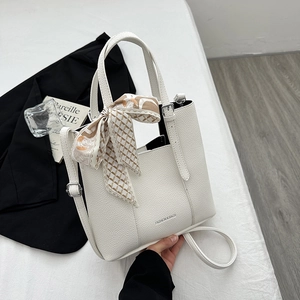 White lychee pattern bucket bag with decorative silk scarf handle and long strap