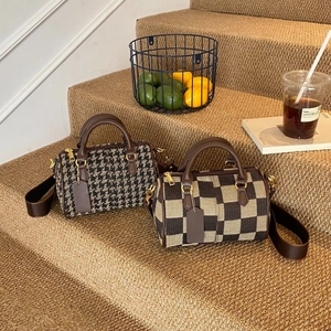 Vintage Boston Handbag Women Houndstooth Checkerboard PU Leather Crossbody Bag With Removable Wide Strap Retro Fashion