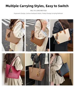 Selection of litchi grain leather tote bags in six colors with wooden bead detail