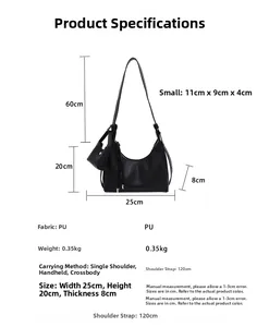 Detaillierte Maße einer schwarzen Halbmond-Schultertasche mit Gurtlänge und Parametern