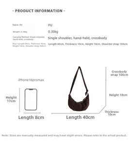 Size chart showing crescent shoulder bag dimensions and PU leather material details